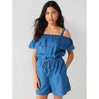 V By Very Supersoft Denim Bardot Ruffle Playsuit