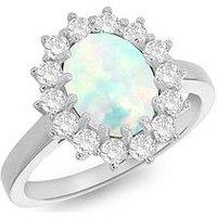 The Love Silver Collection Sterling Silver Rhodium Plated Oval Synthetic Opal And White Cz 12Mm X 14Mm Flower Cluster Ring