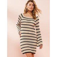 V By Very X Tara Maynard Stripe Pointelle Mini Crochet Dress - Beige/Black