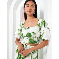 V By Very Puff Sleeve Square Neck Co Ord Crop Top - Green/White