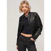 Superdry Fitted Leather Racer Jacket - Black