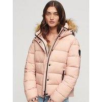 Superdry Faux Fur Short Hooded Puffer Jacket - Pink