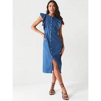 V By Very Sleeveless Ruffle Denim Midi Dress - Dark Wash