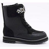 River Island Embellished Cuff Lace Up Boot - Black