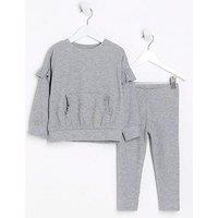 River Island Mini Mini Girl Cosy Rib Frill Sweatshirt Set - Grey