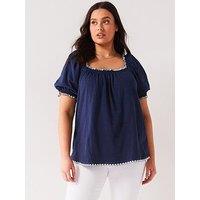 V By Very Curve Embroidered Trim Top - Blue