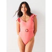 V By Very Shape Enhancing Belted Frill Detail Swimsuit - Light Pink