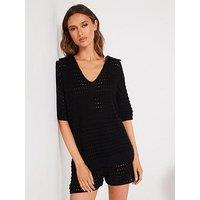 V By Very Trophy Neck Short Sleeve Crochet Jumper Coord - Black