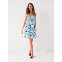 Everyday Shirred Floral Print Mini Dress - Blue/White