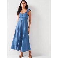 Everyday Frill Sleeve Textured Midaxi Dress - Blue