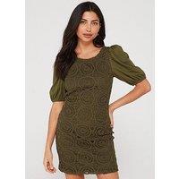 V By Very Puff Sleeve Crochet Mini Dress - Khaki