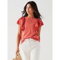 V By Very Broderie Ruffle Sleeve T-Shirt - Coral