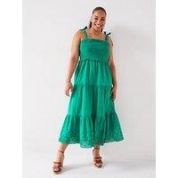 V By Very Curve Broderie Tiered Maxi Dress - Green