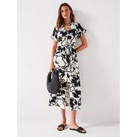 V By Very Button Through Linen Midi Dress - Mono