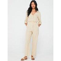 V By Very Linen Button Through Jumpsuit- Beige