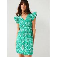 V By Very V Neck Cotton Mini Dress - Green