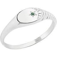 The Love Collection Sterling Silver Ribbed Signet Ring With Cz Stone And Moon Detail