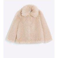 River Island Girls Coat Pink Tinsel Detail Faux Fur Collared Outerwear Top