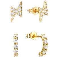 Love Gold 9Ct Gold Set Of Two Cz Lighting Bolt And Half Hoop Stacking Earrings