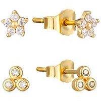 Love Gold 9Ct Gold Set Of Two Flower And Trio Stud Stacking Earrings