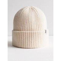New Look 915 Girls Cream Ribbed Knit Tab Front Beanie