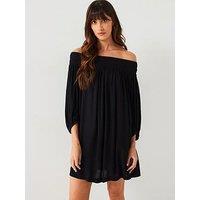 Everyday Long Sleeve Crinkled Bardot Mini Dress - Black