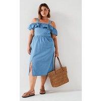 V By Very Curve Soft Denim Cold Shoulder Midi Dress - Blue