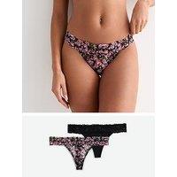 New Look 2 Pack Floral Print And Black Lace Tanga Thongs