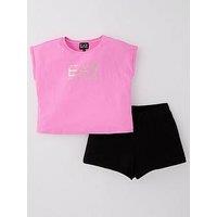 Ea7 Emporio Armani Girls Shiny Short Sleeve T-Shirt & Short Set - Pink/Black