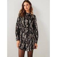 Mango Printed Pleat Detail Round Neck Mini Dress