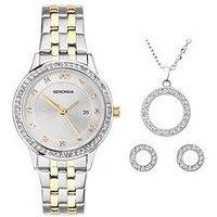 Sekonda Gift Set Womens 29Mm Analogue Watch With Two Tone Stone Set Silver Dial, Two Tone Stainless Steel Bracelet, Matching Pendant And Earrings