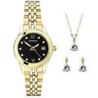 Sekonda Gift Set Womens 26Mm Analogue Watch With Yellow Gold Stone Set Black Dial, Yellow Gold Stainless Steel Bracelet Matching Pendant And Earrings