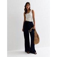 New Look Navy Linen Blend Drawstring Waist Wide Leg Trousers