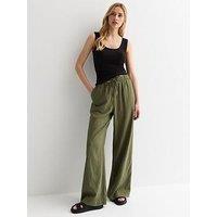 New Look Khaki Linen Blend Drawstring Waist Wide Leg Trousers