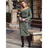 Sosandar Khaki Green Asymmetric Neckline Ribbed Dress