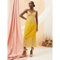 Fatface Daisy Broderie Midi Dress - Yellow