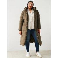 V By Very Curve Hooded Cinched Waist Puffer Coat - Khaki