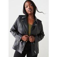V By Very Curve Longline Faux Leather Biker Jacket - Black