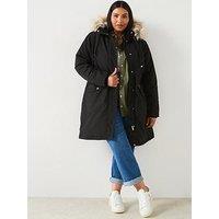 V By Very Curve Faux Fur Trim Hooded Parka - Black