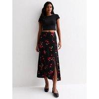 New Look Black Cherry Print Split Hem Midi Skirt