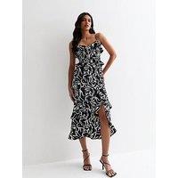 New Look Black Abstract Print Strappy Ruffle Midi Dress
