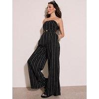 Michelle Keegan Striped Bandeau Wide Leg Jumpsuit - Black