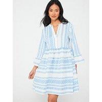 Jdy V Neck Frill Sleeve Mini Dress - Blue/White