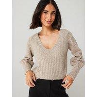 V By Very V Neck Pleated Knitted Jumper - Brown