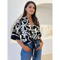 Ax Paris Black And White Abstract Printed Tie Waist Top