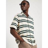 River Island Short Sleeve Green Stripe Revere Shirt - Cream