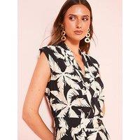 V By Very Leaf Print Wrap Sleeveless Blouse - Black/White