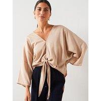 V By Very Tie Front Textured Blouse - Cream