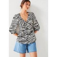 Everyday Animal Print Twist Front Blouse - Mono Stripe