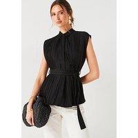 V By Very Plisse Tie Waist Blouse - Black